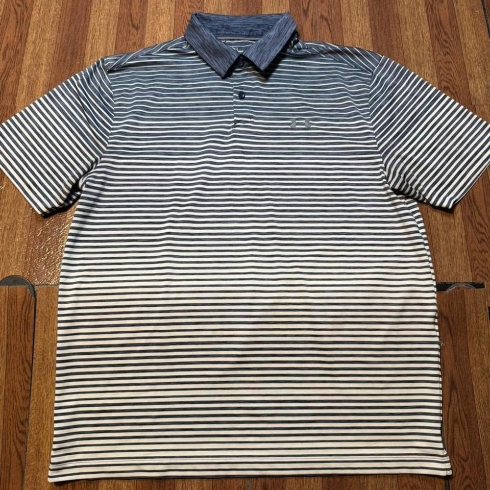 Under Armour Blue Striped Heat Tech Retro Sportswear‎ Golf Polo Button Shirt L